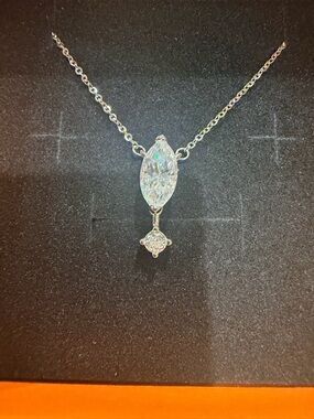 Silver Marquise & Round Moissanite Drop Necklace - White